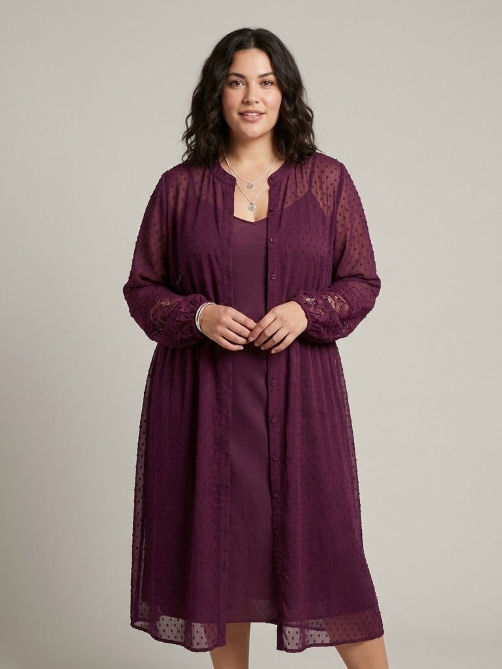 Torrid Clip Dot Button Front Maxi Kimono Duster Plum purple Size 18-20 or 2X NWT